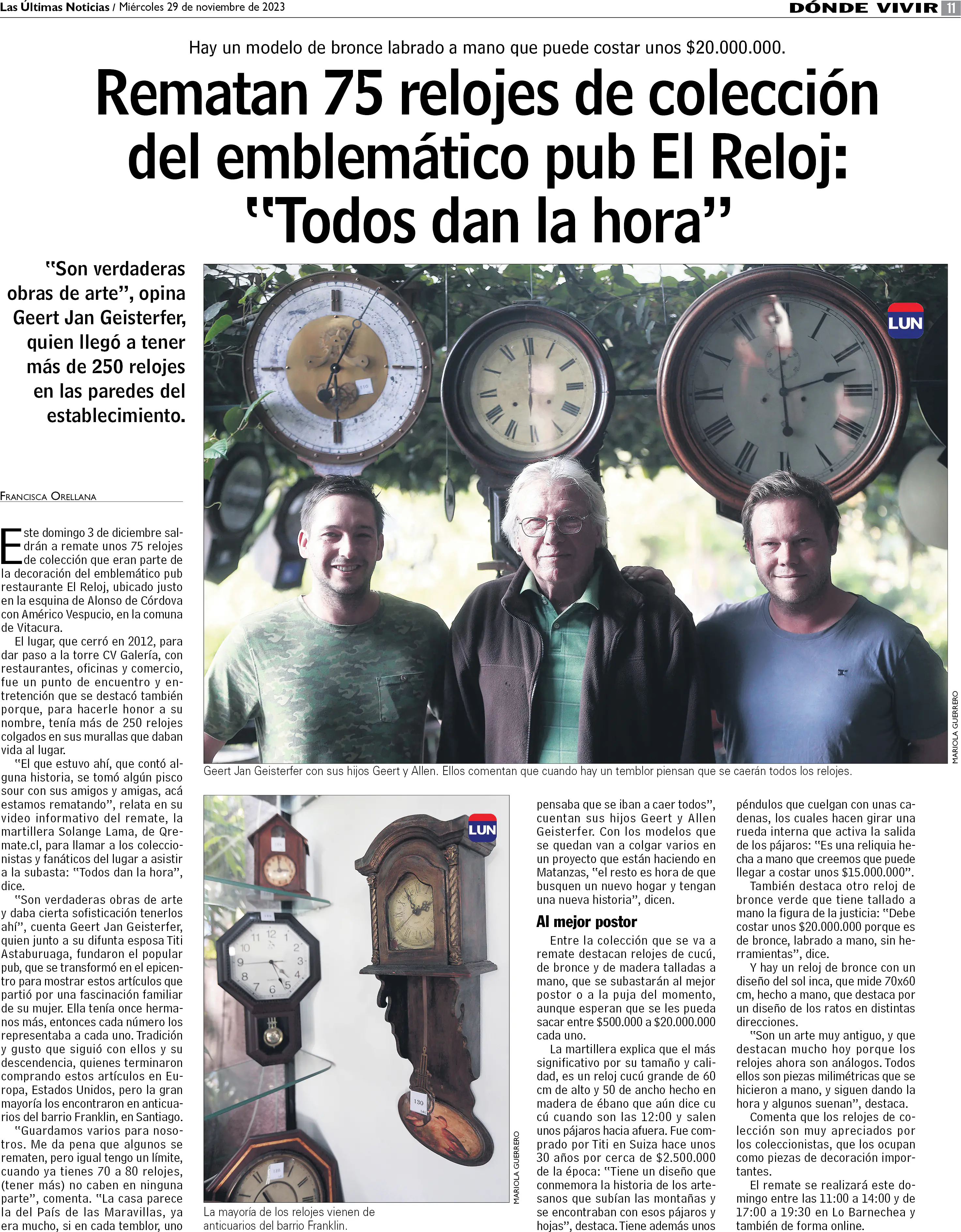 Rematan 75 relojes de colección del emblemático pub El Reloj Todos