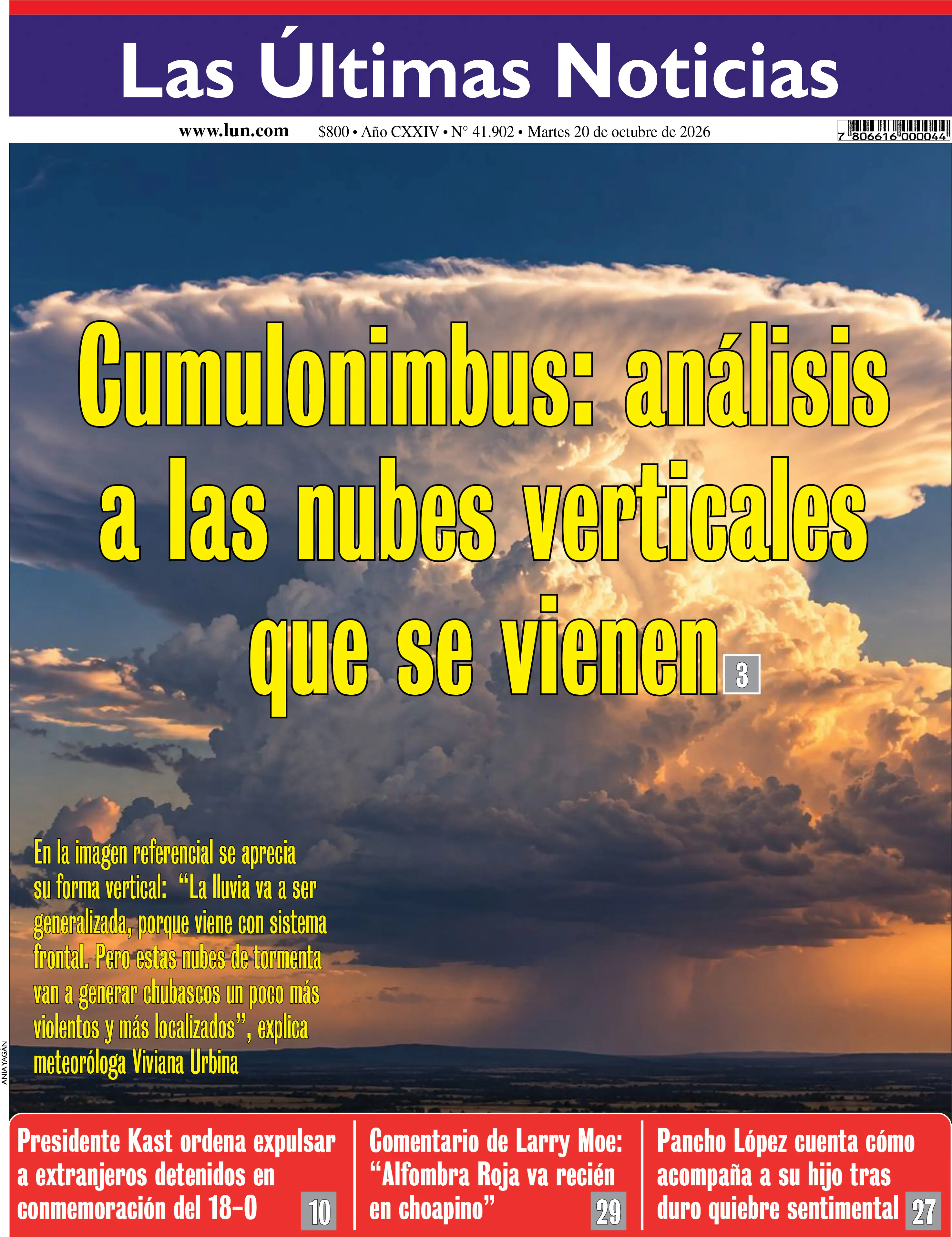 Portada del diario Las Últimas Noticias del 20/10/2026